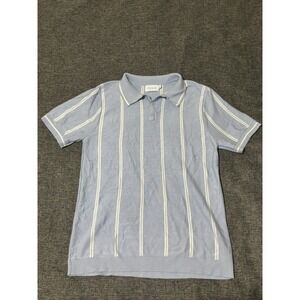 Topman Mens XL Polo Shirt Blue White Vertical Striped Knit Short Sleeve